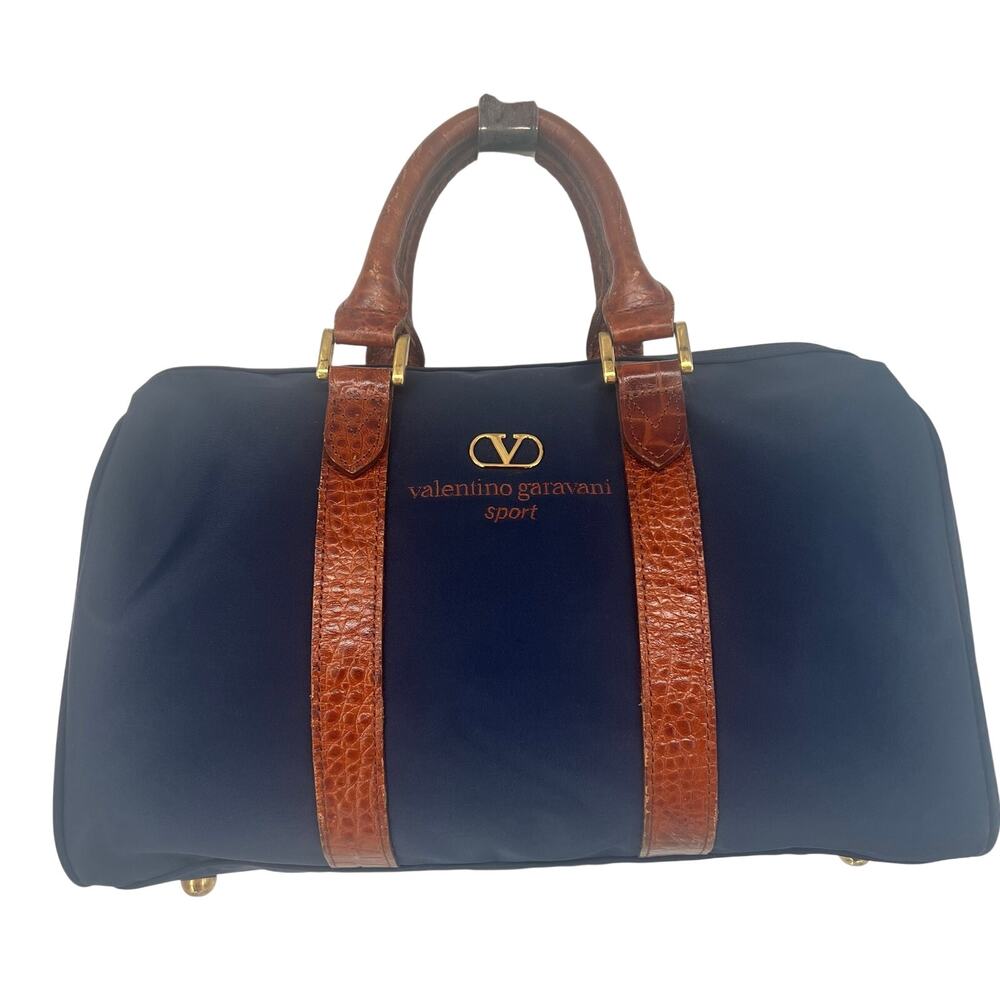 VALENTINO GARAVANI Nylon Boston Bag Navy with Brown Leather